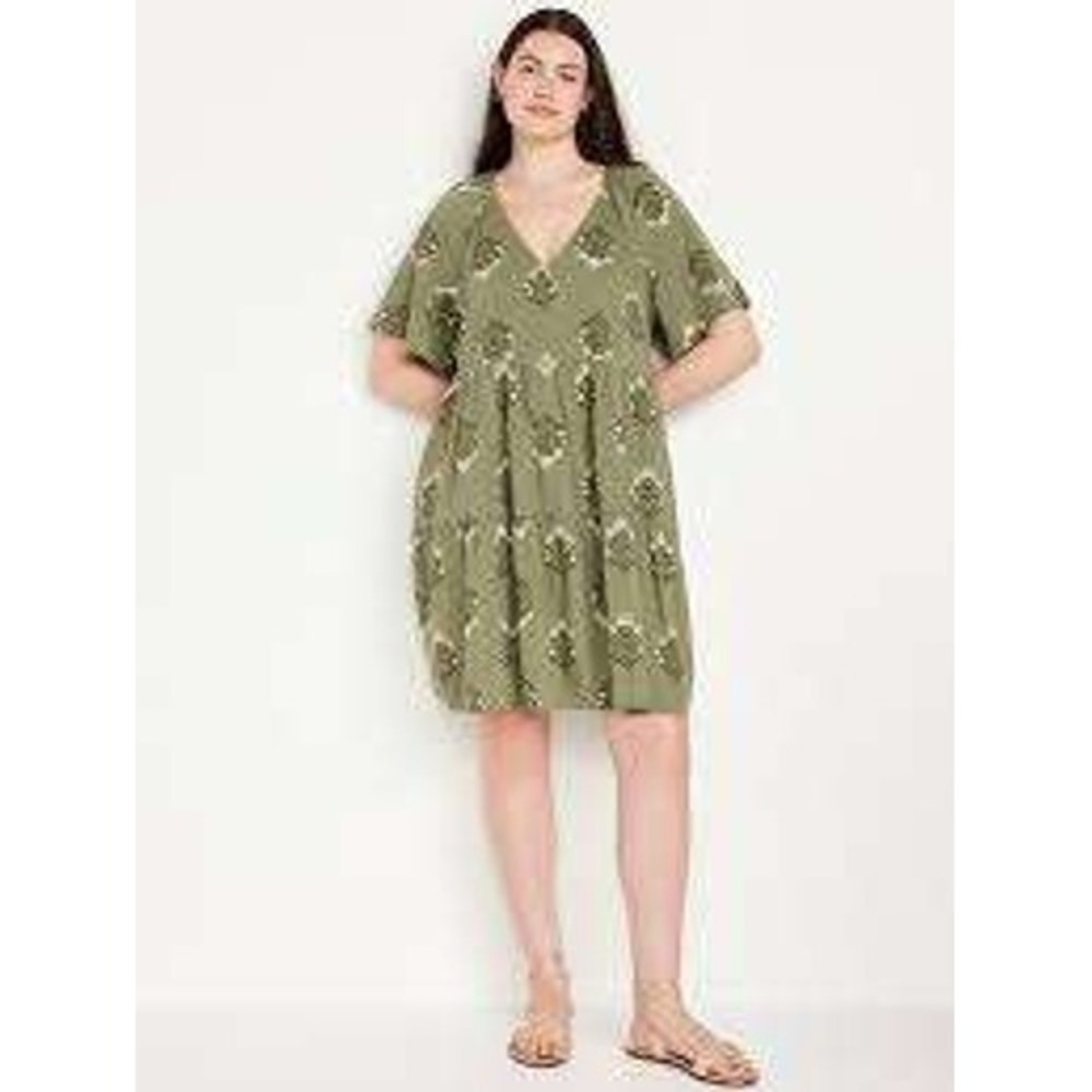 Old Navy Babydoll Dress Womens XL Green Floral Tiered V-Neck Boho Cottagecore